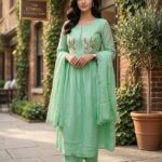 PISTA GREEN COLOR ANARKALI SUIT WITH EMBROIDERY WORK