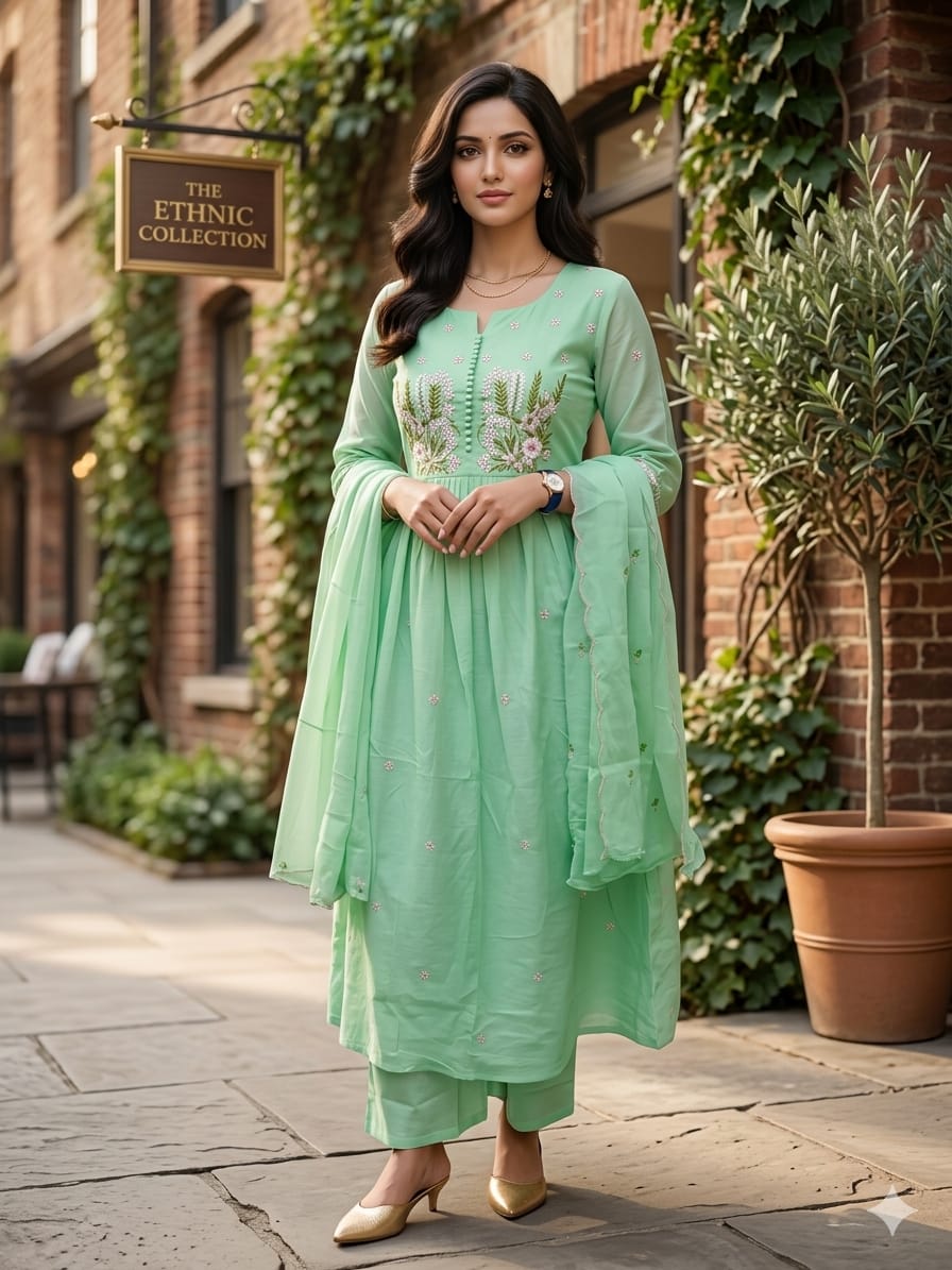 PISTA GREEN COLOR ANARKALI SUIT WITH EMBROIDERY WORK