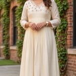 White Colour Frock With Hand Embroidery