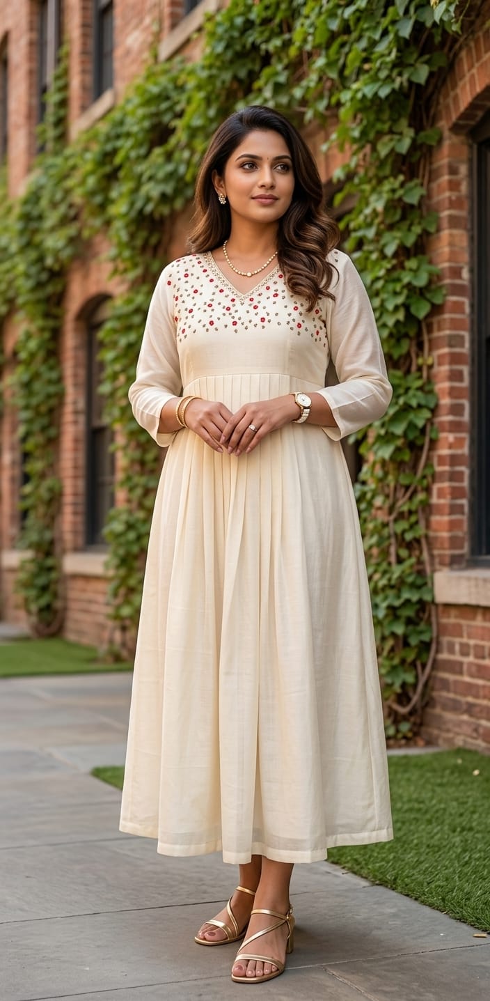 White Colour Frock With Hand Embroidery