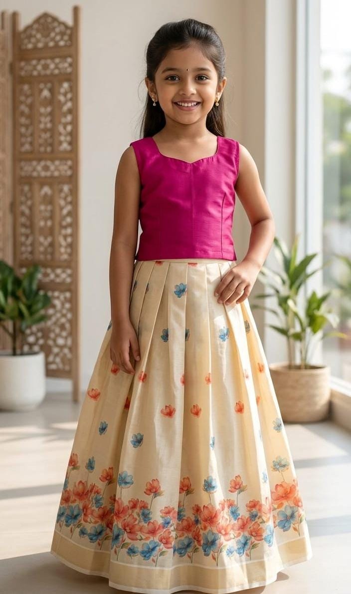 TRADITIONAL TISSUE FLORAL PRINTED SKIRT  &PLAIN TISSUE TOP