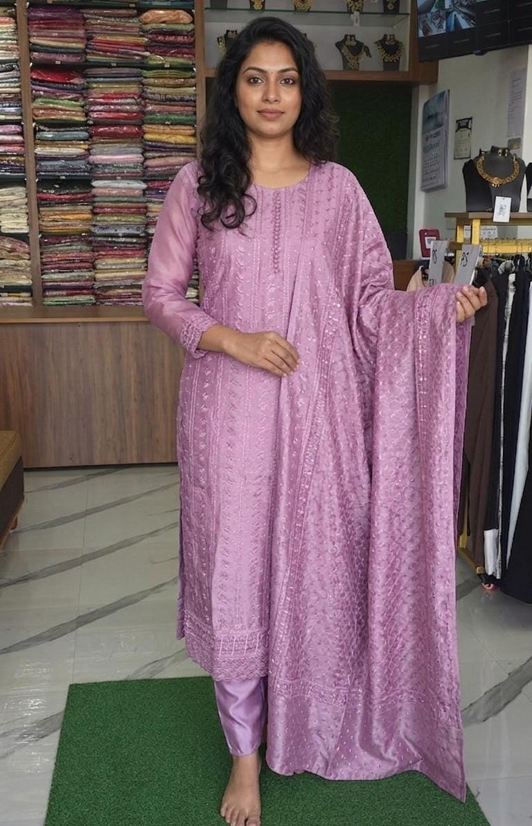CHANDERI SILK MACHINE WORK  STITCHED SALWAR SUITS